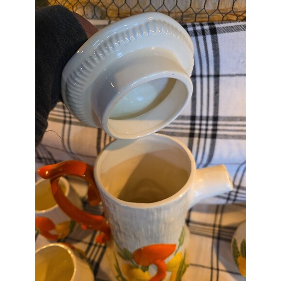Vintage Ceramic Coffee Server Set Mushroom Motif‎ Teapot 6 Mugs Arnels - Picture 7 of 13